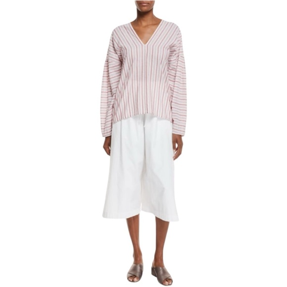 VINCE | Variegated Red Striped Long Sleeve Pullover Top | Cotton V-neck | Medium - Picture 7 of 14